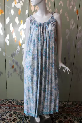 1970s Blue Floral Maxi House Dress with Tie Shoulders, Large