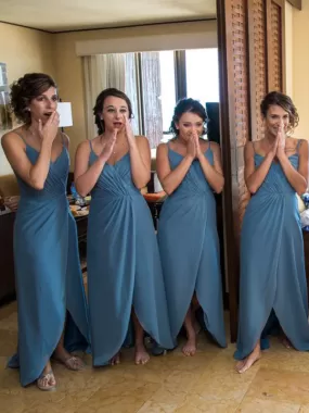 Charming V-neck Side Slit Simple Long Bridesmaid Dresses.DB10757