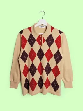 CLARINA Merino Wool Blend Argyle Pattern Sweater - size M-L / 46