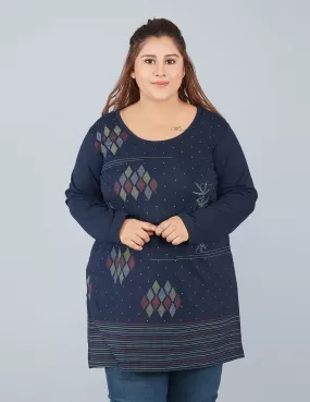 Cotton Long Top for Women Plus Size - Full Sleeve - Navy