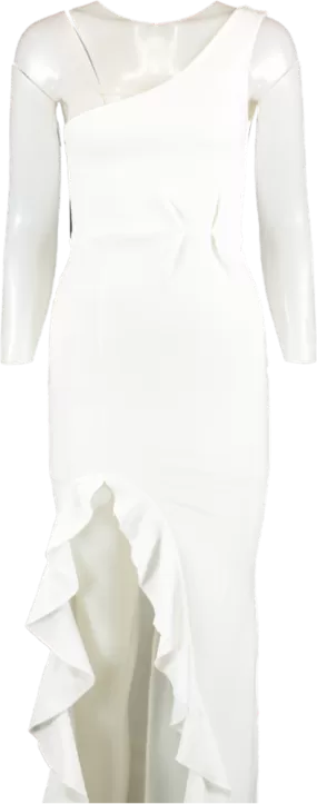 PrettyLittleThing White One Shoulder Ruffle Hem Maxi Dress UK 8