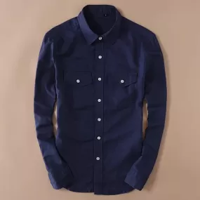 Trybuy Navy Blue Cotton Linen Double Pocket Button-Up Shirt For Men