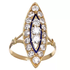 Victorian 1.25 Carat Total Weight Old European Diamond Enamel Navette Ring in 18K Yellow Gold